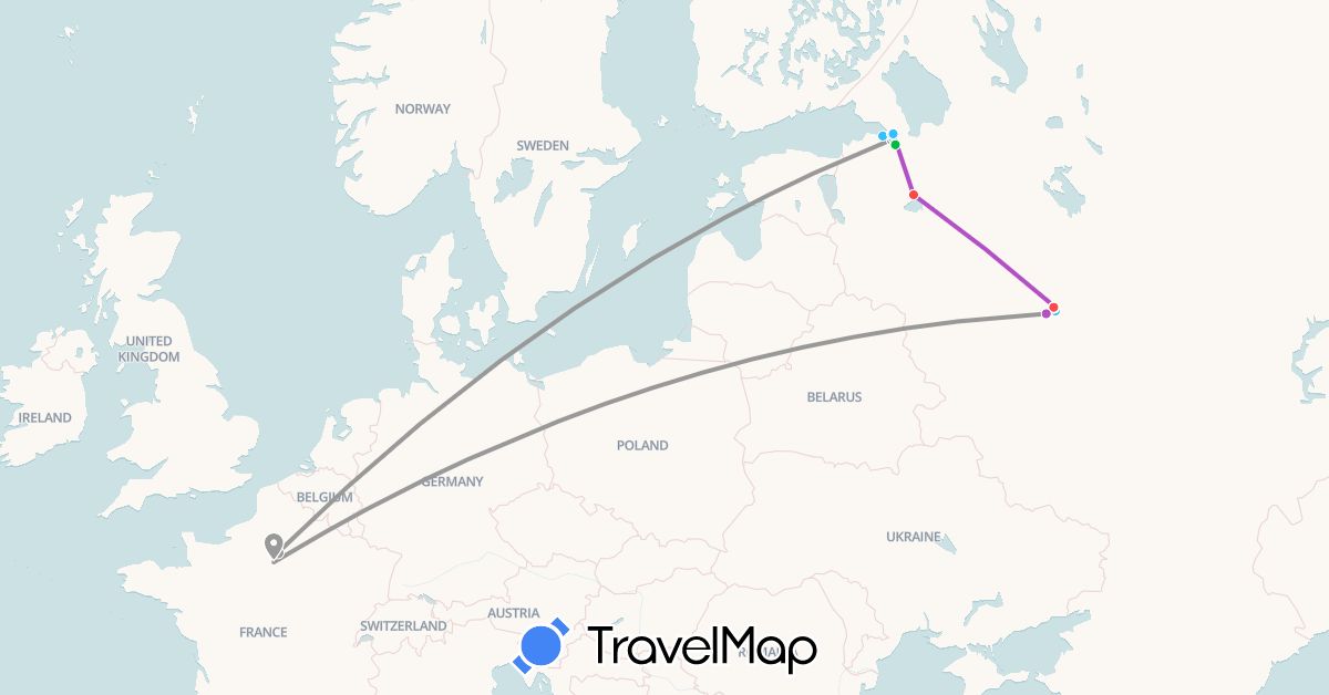 TravelMap itinerary: driving, bus, plane, train, hiking, boat in France, Russia (Europe)